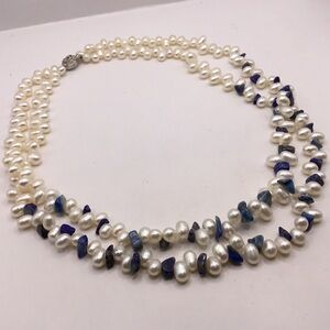 Vintage Freshwater Pearl & Blue Lapis Chips Necklace 925 Clasp